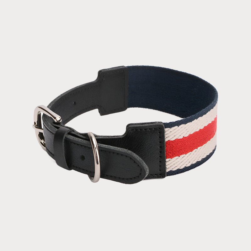 Adjustable Leather & Twill Striped Collar