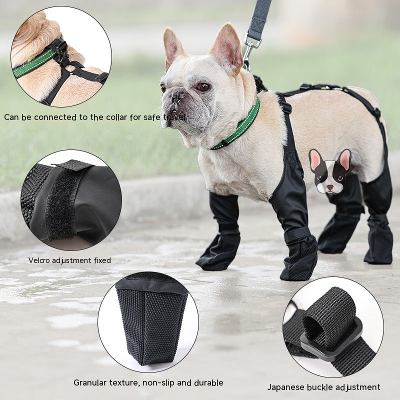 A french bulldog is wearing CJdrop Pet Dog Dog Shoes Four Seasons Waterproof Pet Products with a leash attached to it.