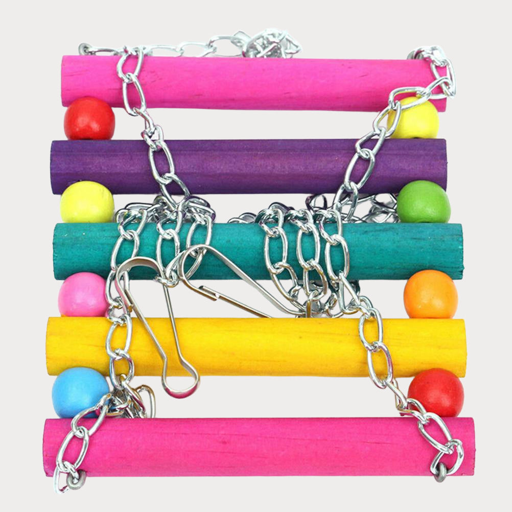 a multicolored wooden toy with a chain attached to it