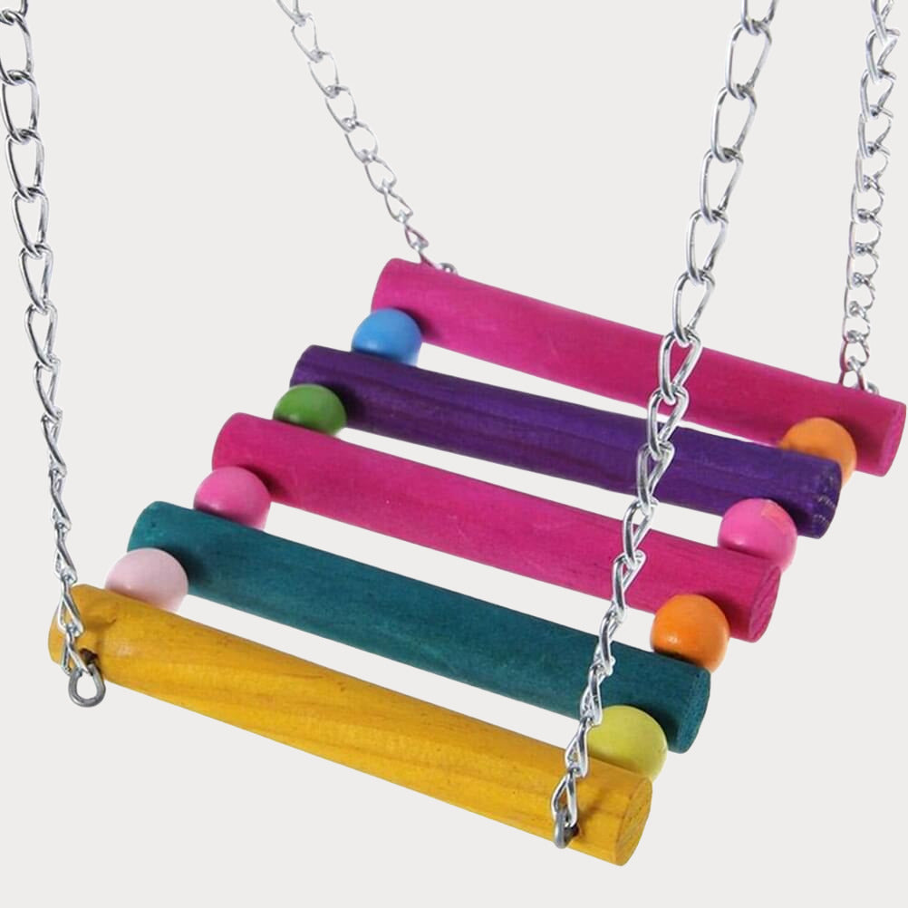 a multicolored wooden toy hanging from a chain