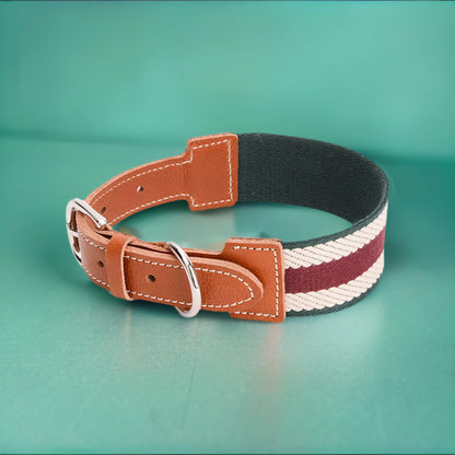 Adjustable Leather & Twill Striped Collar