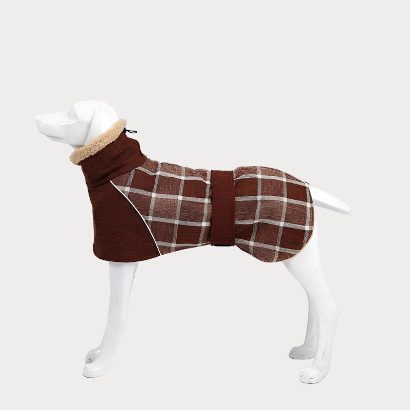 a white dog wearing a brown plaid coat